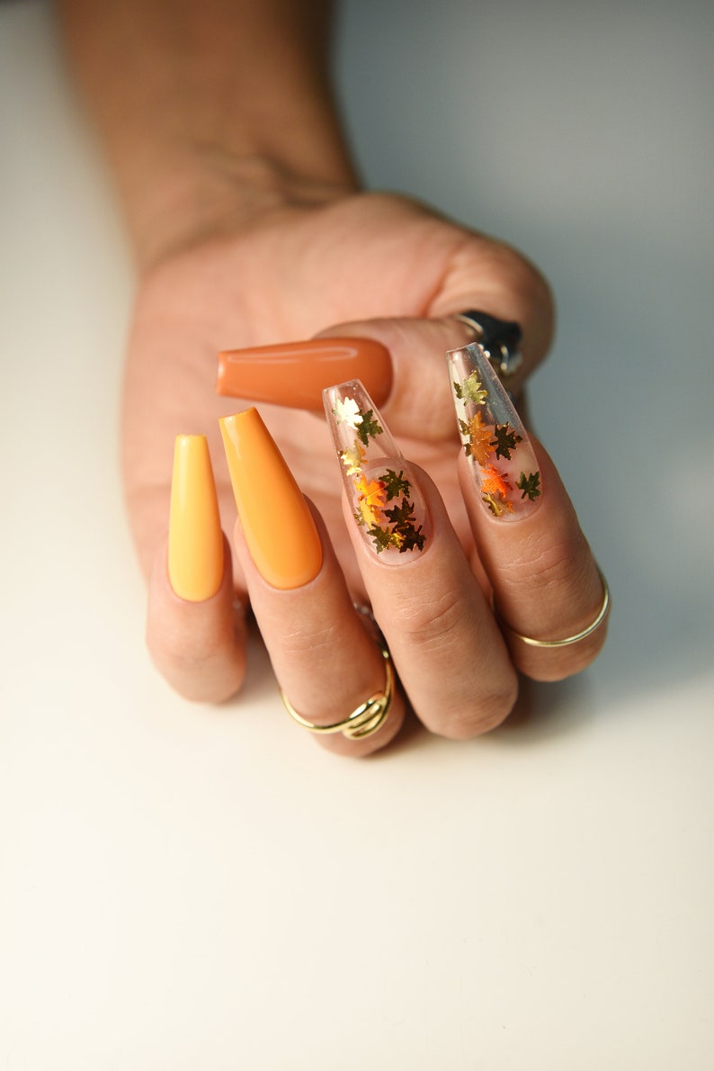 Warm Autumn Shades with Leaves Pumpkin Long Coffin Press On Nails, fall nails to back to school, deep orange nails, ombre fake nails image 2