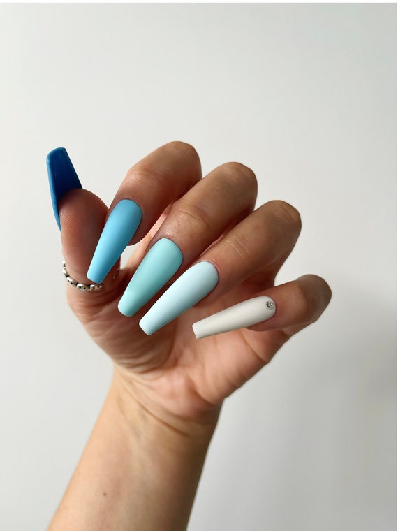 BABY BLUE Matte Gradient Handpainted Press on Nails Fake Nails