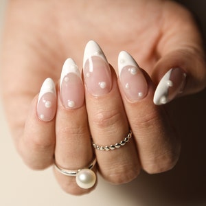 FRENCH & PEARLS Nails Blob Pearl Glossy Handpainted press on nails Stiletto Oval Almond Square Coffin Balerina Long Medium Short image 3