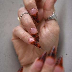 TORTOISE SHELL FRENCH Deep Glossy Handpainted press on nails Stiletto Oval Almond Square Coffin Balerina Long Medium Short image 6