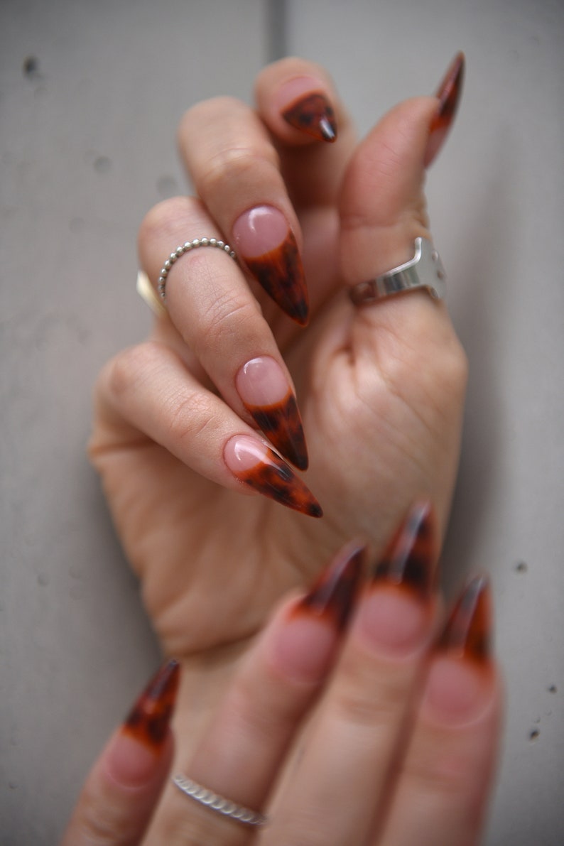 TORTOISE SHELL FRENCH Deep Glossy Handpainted press on nails Stiletto Oval Almond Square Coffin Balerina Long Medium Short image 6