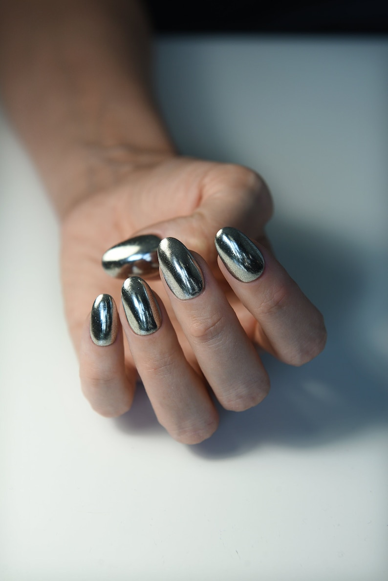 MIRROR CHROME SILVER Glossy Matte Fake Nail Handpainted press on nails Stiletto Oval Almond Square Coffin Balerina Long Medium Short image 1