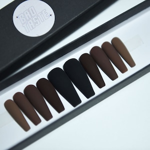 BLACK BROWN NUDES | Glossy or Matte | Handpainted Press on Nails