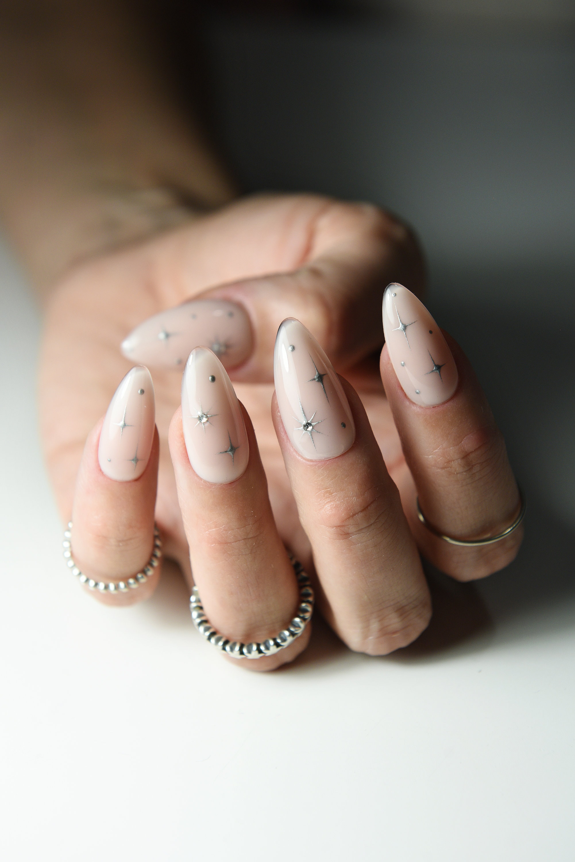 nude silverstarlets.com Nude Press on Nails With Silver Stars, Rhinestones and Dots, Cute Nails for Girls Girlie Nails, Long, Short, Almond Coffin, Stiletto, Square - Etsy Australia