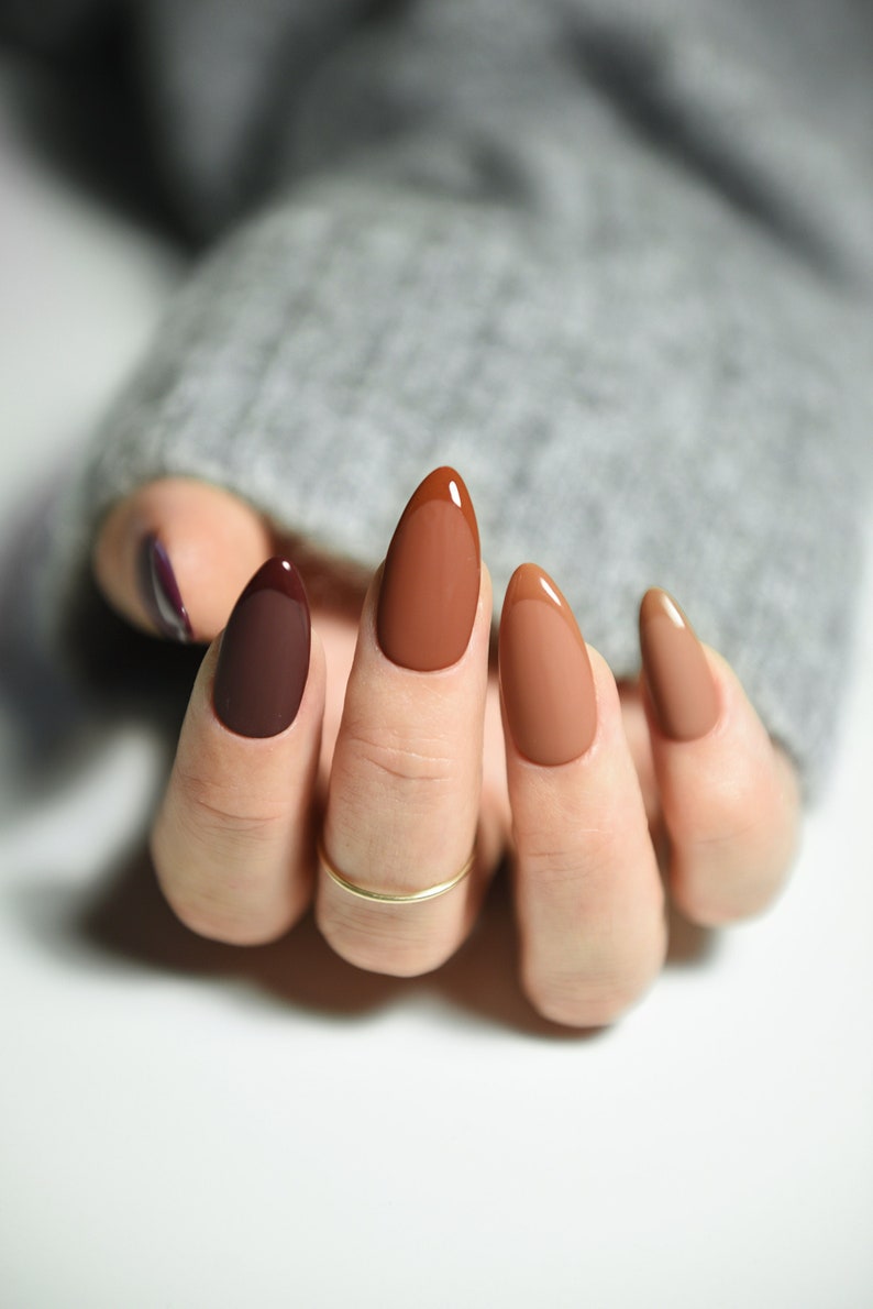 BROWN AUTUMN SHADES Glossy and Matte French Handpainted press on nails Stiletto Oval Almond Square Coffin Balerina Long Medium Short image 1