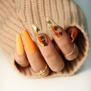 Warm Autumn Shades with Leaves Pumpkin Long Coffin Press On Nails, fall nails to back to school, deep orange nails, ombre fake nails image 4