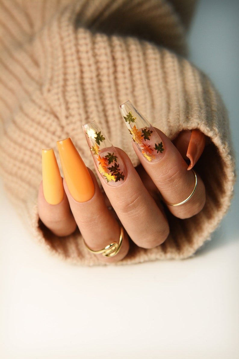 Warm Autumn Shades with Leaves Pumpkin Long Coffin Press On Nails, fall nails to back to school, deep orange nails, ombre fake nails image 4