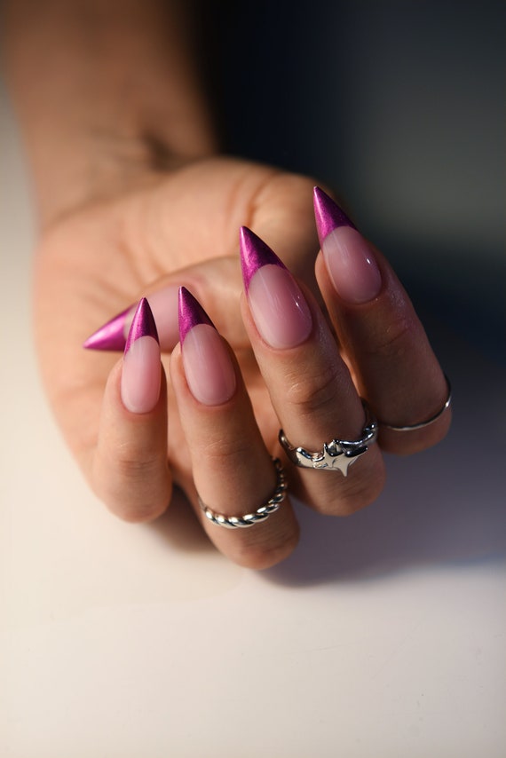 Pink Chrome French Tip Press on Nails Y2k inspired Custom Acrylic