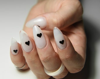 I LOVE MILKY | Black Hearts | Handmade press on nails | Gift for her | Stiletto Oval Almond Square Coffin Balerina | Long Medium Short