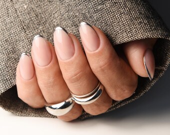 Mirror Silver French Tip Press On Nails: Handmade Gel, Reusable