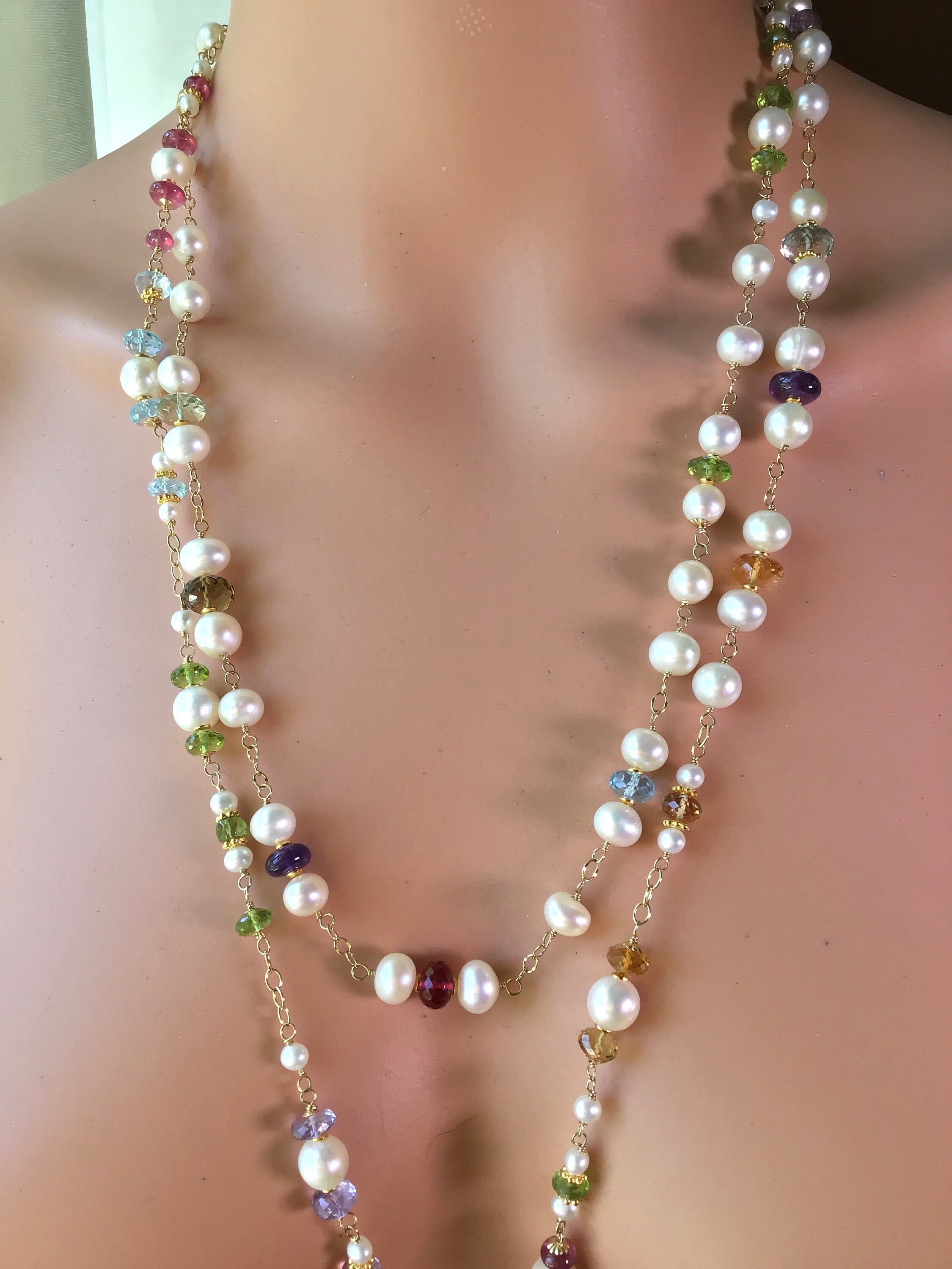 Long White Pearl and Multi Gemstone Rope Necklace. 54 Inches Etsy