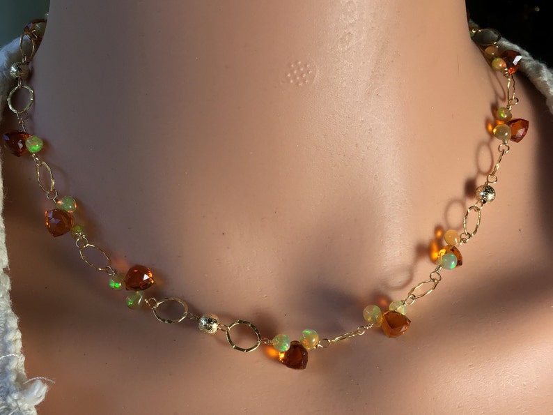 Rosary necklace of teardrop opals and citrine trillion stones. Opal and citrine briolette choker