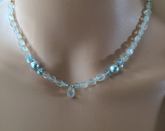 Genuine Blue Akoya pearls moonstone briolette pendant necklace. Blue topaz accents and Ceylon moonstone ovals.