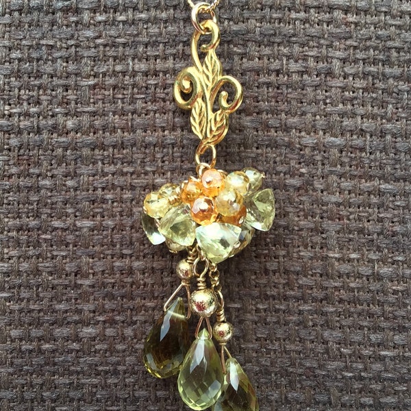 Lemon quartz and olive quartz teardrop pendant topped with gemstone cluster of fine zircon mandarin garnet and natural lemon trillions charm