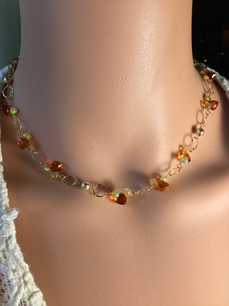 Rosary necklace of teardrop opals and citrine trillion stones. Opal and citrine briolette choker