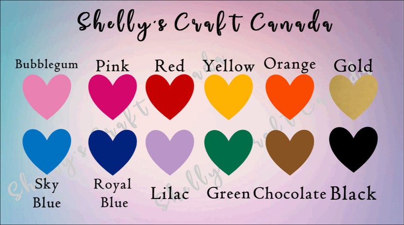 Puede incluir: Una tabla de 12 muestras de color en forma de coraz&oacute;n con los nombres de cada color enumerados debajo. Los colores son: Bubblegum, Rosa, Rojo, Amarillo, Naranja, Oro, Azul cielo, Azul real, Lila, Verde, Chocolate y Negro.