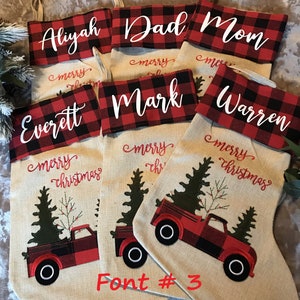 Personalized Buffalo Plaid/Burlap Christmas Stockings/Applique/Holiday Gifts, Stockings With Names/Keepsake/Red Truck/Christmas Tree image 3