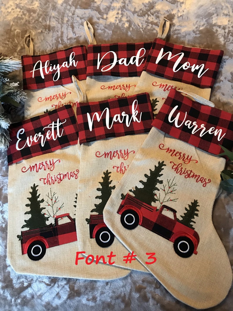 Personalized Buffalo Plaid/Burlap Christmas Stockings/Applique/Holiday Gifts, Stockings With Names/Keepsake/Red Truck/Christmas Tree immagine 3