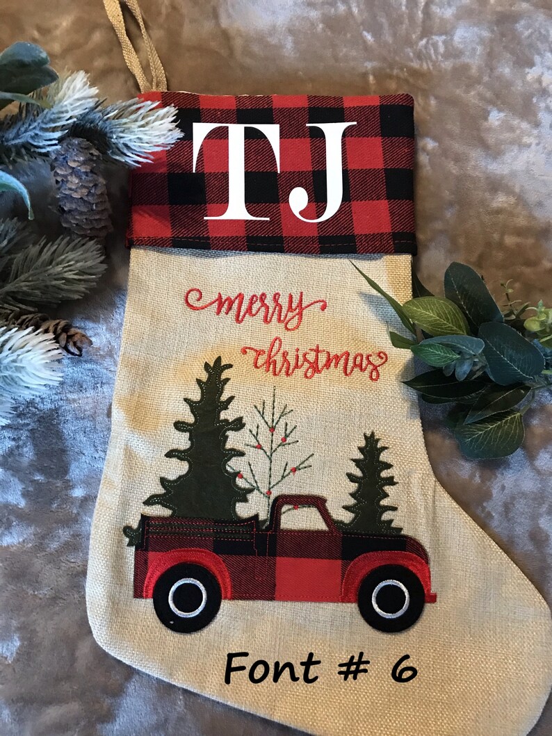 Personalized Buffalo Plaid/Burlap Christmas Stockings/Applique/Holiday Gifts, Stockings With Names/Keepsake/Red Truck/Christmas Tree image 9