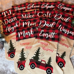 Personalized Buffalo Plaid/Burlap Christmas Stockings/Applique/Holiday Gifts, Stockings With Names/Keepsake/Red Truck/Christmas Tree immagine 2