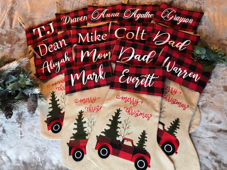 Personalized Buffalo Plaid/Burlap Christmas Stockings/Applique/Holiday Gifts, Stockings With Names/Keepsake/Red Truck/Christmas Tree immagine 2