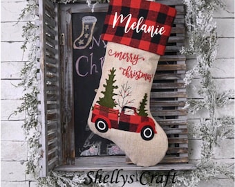 Bas de Noël personnalisés Buffalo Plaid/Jurlap/Applique/Cadeaux de vacances, Bas avec noms/Souvenir/Camion rouge/Arbre de Noël