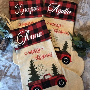 Personalized Buffalo Plaid/Burlap Christmas Stockings/Applique/Holiday Gifts, Stockings With Names/Keepsake/Red Truck/Christmas Tree immagine 7