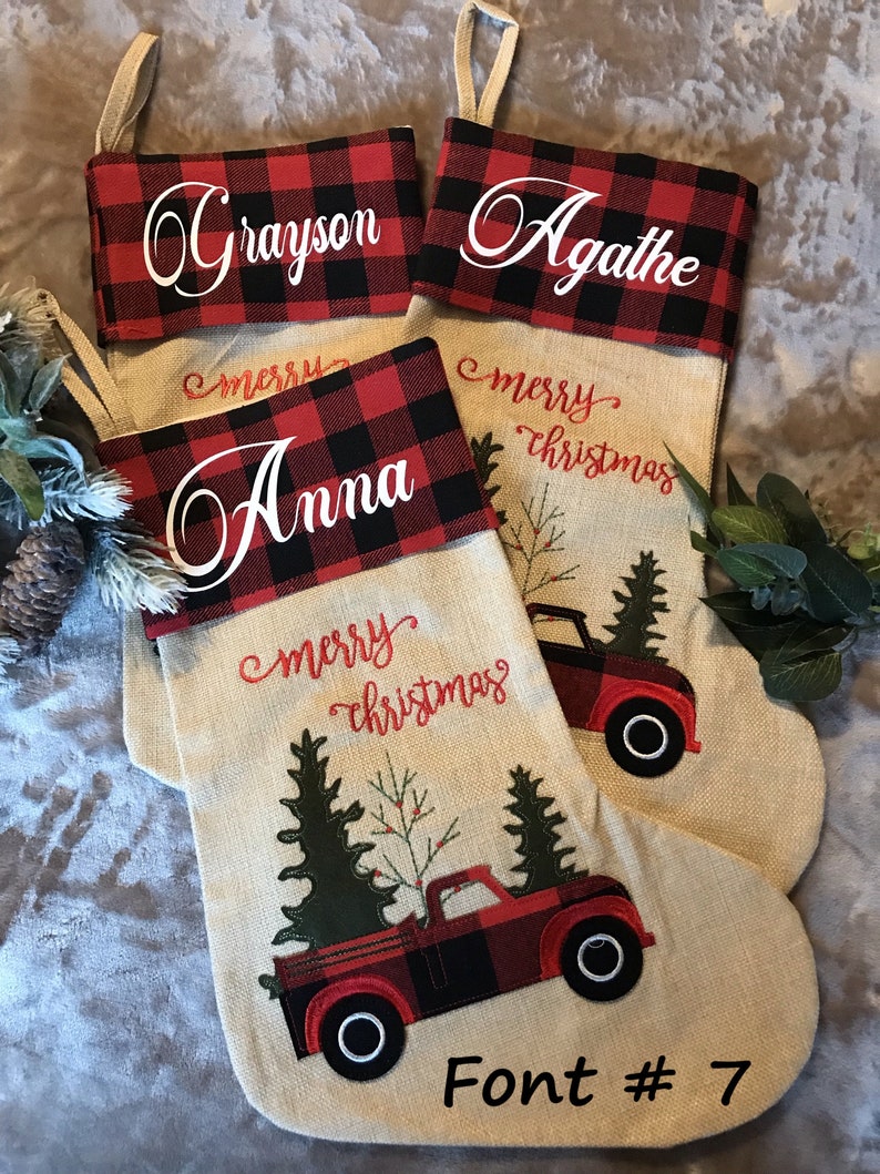 Personalized Buffalo Plaid/Burlap Christmas Stockings/Applique/Holiday Gifts, Stockings With Names/Keepsake/Red Truck/Christmas Tree immagine 7