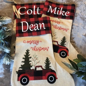 Personalized Buffalo Plaid/Burlap Christmas Stockings/Applique/Holiday Gifts, Stockings With Names/Keepsake/Red Truck/Christmas Tree immagine 5