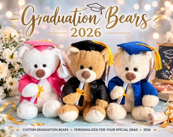 May include: Three plush teddy bears wearing graduation caps and gowns. The left bear is white with a pink gown and cap, the center bear is tan with a black gown and cap, and the right bear is cream with a blue gown and cap. Each holds a diploma.