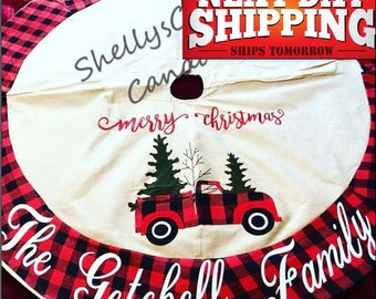 Personalized Burlap Plaid Christmas Tree Skirt: Farmhouse Decor