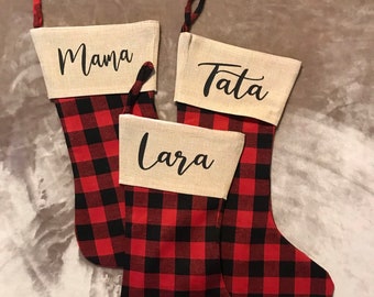 Classic Burlap & Buffalo Plaid Personalized Stockings/ Holiday Gifts/ Stockings With Names/Keepsake/Family Gift/PickUp Mississauga/Milton
