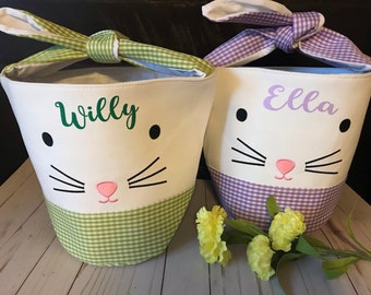 Personalized Easter Basket: Plaid Bunny Tote with Fluffy Tail