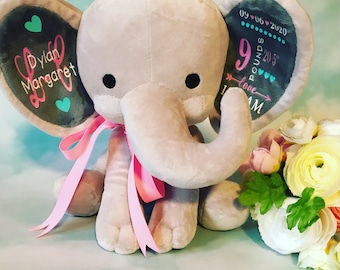 Birth Announcement Elephant plush, NewBorn/Baby Gift/Present, Stuffed Animal/Bear, Memory Keepsake, gift for kids girl boy