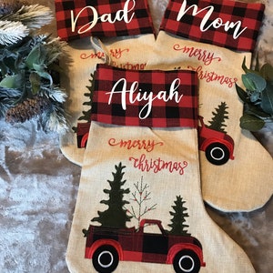 Personalized Buffalo Plaid/Burlap Christmas Stockings/Applique/Holiday Gifts, Stockings With Names/Keepsake/Red Truck/Christmas Tree immagine 4