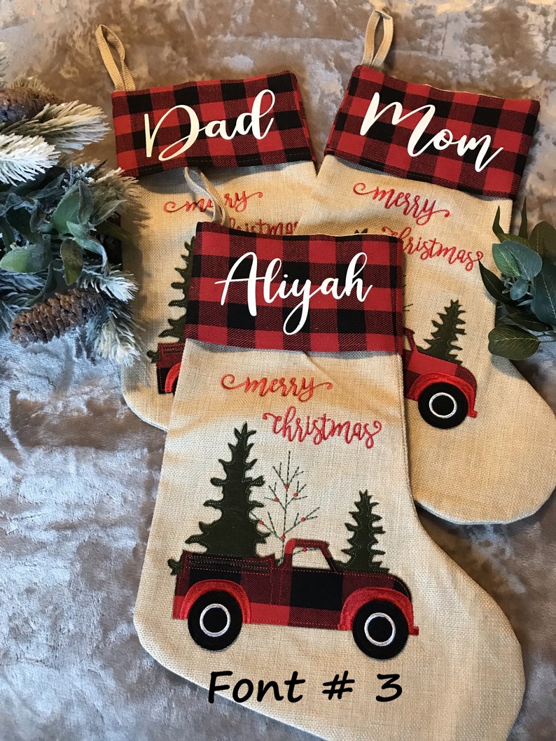 Personalized Buffalo Plaid/Burlap Christmas Stockings/Applique/Holiday Gifts, Stockings With Names/Keepsake/Red Truck/Christmas Tree image 4
