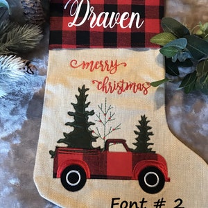 Personalized Buffalo Plaid/Burlap Christmas Stockings/Applique/Holiday Gifts, Stockings With Names/Keepsake/Red Truck/Christmas Tree image 8