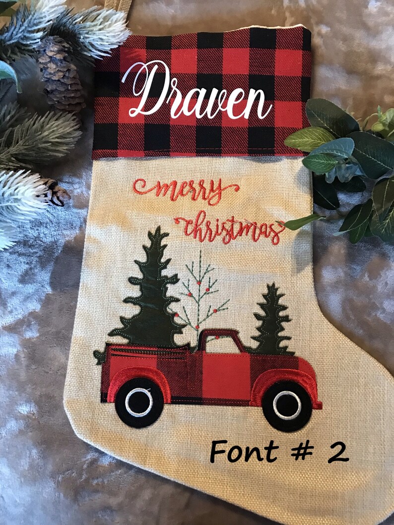 Personalized Buffalo Plaid/Burlap Christmas Stockings/Applique/Holiday Gifts, Stockings With Names/Keepsake/Red Truck/Christmas Tree image 8