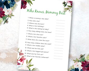 It's a Girl Who Knows Mommy Best Baby Shower Game, Printable Floral Who Knows Mommy Best Baby Shower Game, 5x7 Instant Download