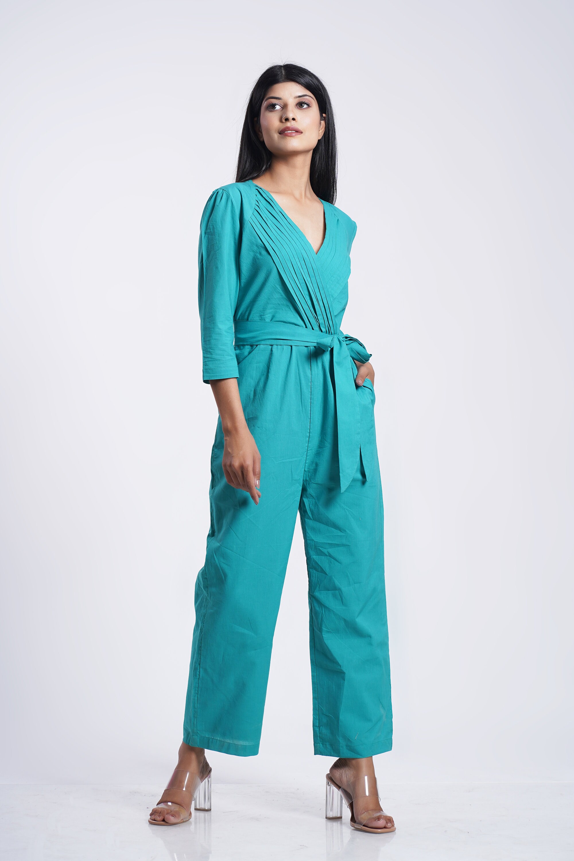 Pleated Wrap V-Neck Turquoise Green Jumpsuit | Etsy