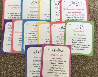 Set med flashcards om årets islamiska månader! Komplett med viktiga händelser/kunskap! Islamisk nyårspresent, islamisk nyårskunskap