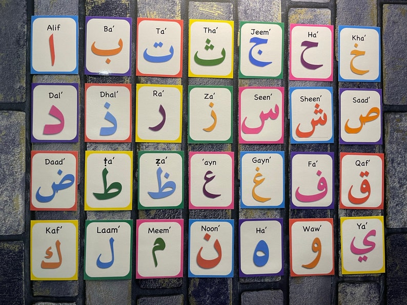 May include: A set of 28 colorful flashcards featuring the Arabic alphabet. Each card has a different letter of the alphabet with its name written in English below. The cards are arranged in rows of seven.