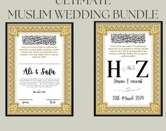 May include: Two gold-framed certificates with ornate borders. The top certificate has Arabic calligraphy and the text "This agreement is to certify the marriage of Ali & Safa" with the date "11th June 2022". The bottom certificate has the initials "HZ" with the text "Hasan & Zainab" and the date "20th March 2024". The text "A4 Print & Nikkah keep sake certificate" is at the bottom of the image.