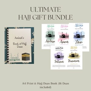 May include: A printable Hajj gift bundle featuring a personalised A4 print and a book of 16 Hajj Duas. The print depicts a watercolour illustration of the Kaaba with Arabic calligraphy and the name "Aadam". The book has a blue cover with the text "Aminah's Book of Hajj Duas" and an illustration of the Kaaba and a mosque.