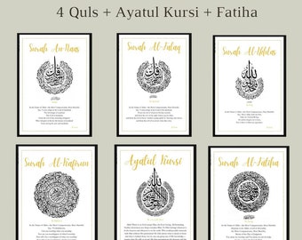 4 Quls Avec Translittération - Poster Islamique Doré - Cadeau Personnalisable