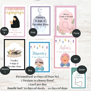 K&ouml;nnte beinhalten: Ein Set mit 7 druckbaren Ramadan Dua-Karten mit verschiedenen Designs. Die Designs beinhalten ein M&auml;dchen, einen Jungen, ein florales Design, ein neutrales Design, ein graues Design und ein gr&uuml;nes Design. Der Text auf den Karten lautet "30 Tage Ramadan Duas".