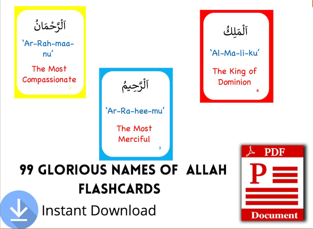 Apprendre Les 99 Noms D Allah Pdf The Beautiful names of Allah Flash Card Set 1 CARD PER NAME - Etsy France