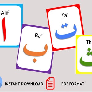 PACK Apprendre à lire l'arabe ! Téléchargement instantané ÉCONOMISEZ 10 % 4 paquets de cartes mémoire en arabe ; Voyelles longues, voyelles courtes, alphabet, formation des lettres,