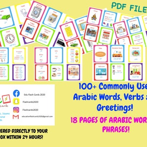 Könnte beinhalten: Ein farbenfroher Satz von 18 druckbaren PDF-Flashcards mit über 100 gebräuchlichen arabischen Wörtern, Verben und Grüßen. Die Karten sind für das Erlernen der arabischen Sprache konzipiert und enthalten Illustrationen und arabischen Text.