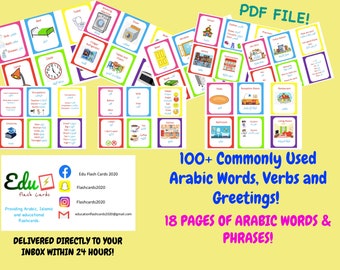 100 Commonly used Arabic words, phrases, verbs, Arabic vocabulary, Arabic speaking flashcards, Arabic flashcards- Instant download.